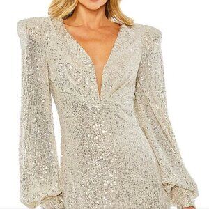 Mac Douggal Deep V Bishop Sleeve Sequin Gown Silver
